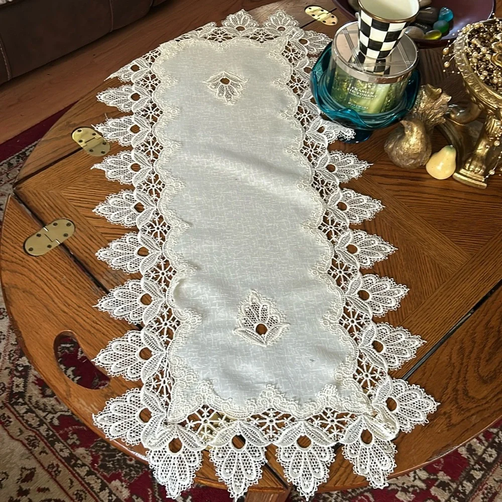 Vintage Ivory Lace and Fabric Table Runner or Dresser Scarf